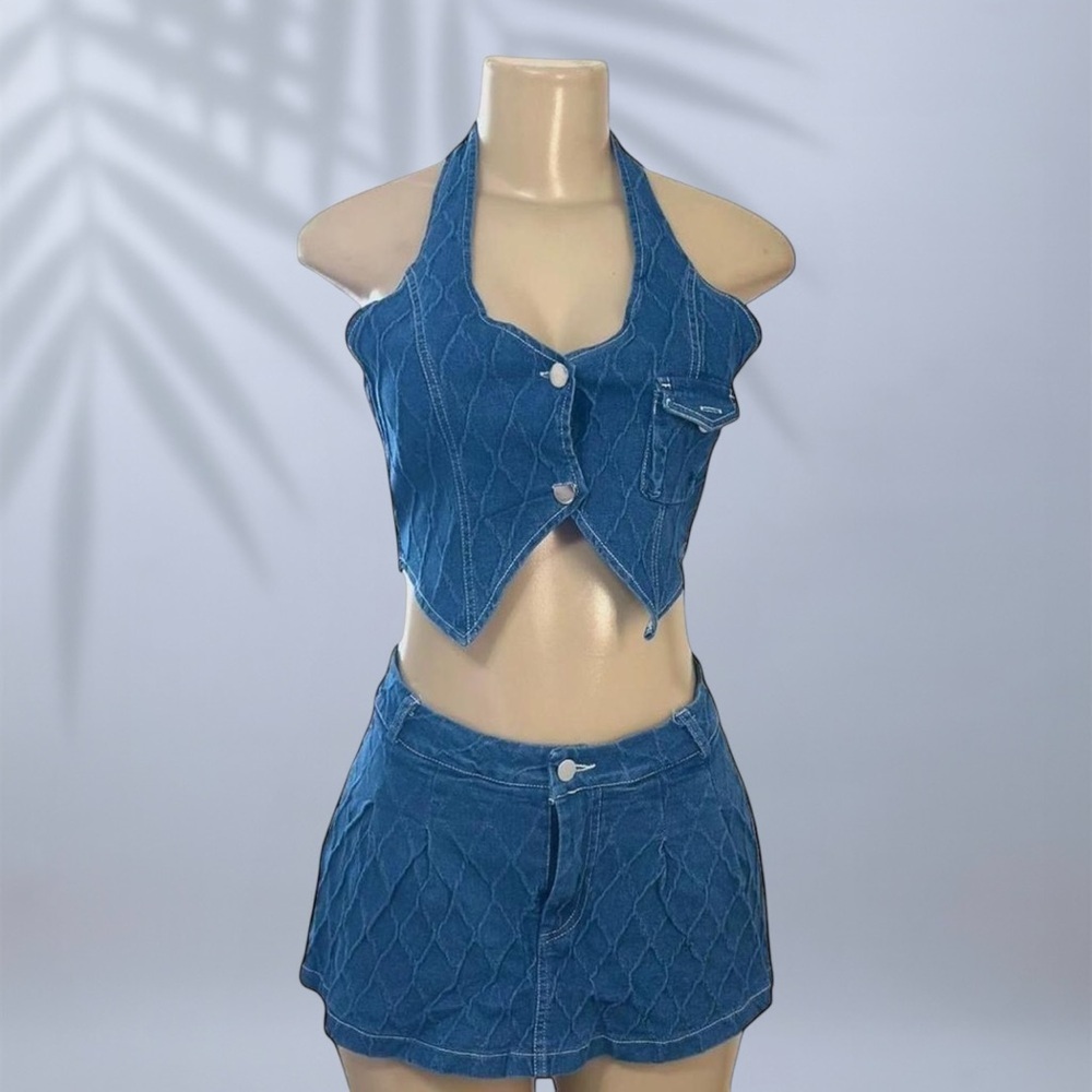 Denim Halter V-Neck Vest and Pleated Mini Skirt 2-Piece Set ✧ M - Picture 2 of 6